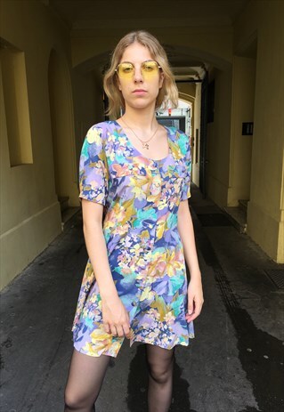 VINTAGE 80' BEAUTIFUL FLOWER PATTERNED MULTICOLOUR DRESS