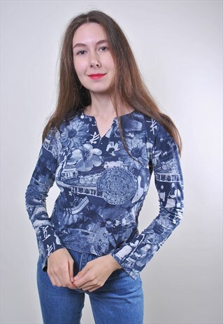 VINTAGE WOMAN BLUE PATTERN HOLIDAY CASUAL BLOUSE