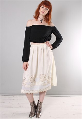 VINTAGE 70S CREAM EMBROIDERED MIDI SKIRT