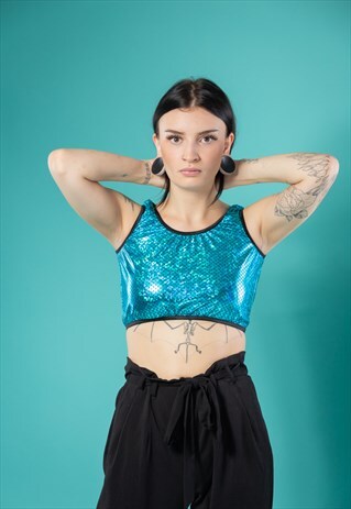 CROP TOP IN TURQUOISE WITH GLITTER PATTERN