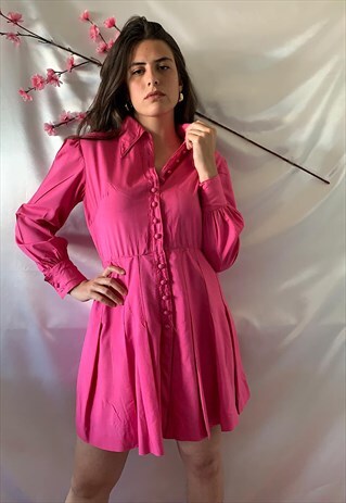 VINTAGE 90S MIDI DRESS IN FUCHSIA AND PUFF SLEEVE