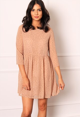 SPOT THREE QUARTER SLEEVE RELAXED BABYDOLL SMOCK DRESS