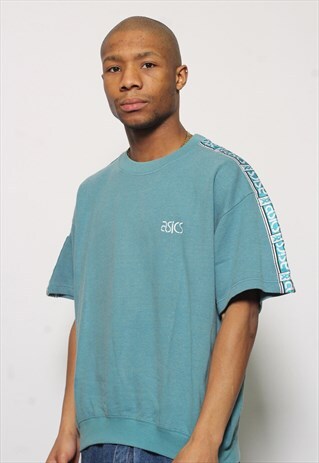 VINTAGE ASICS SHORT SLEEVED TAPE LOGO SWEATSHIRT BLUE