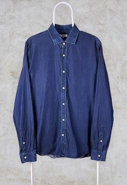 Reiss Blue Denim Shirt Long Sleeve Slim Fit Large
