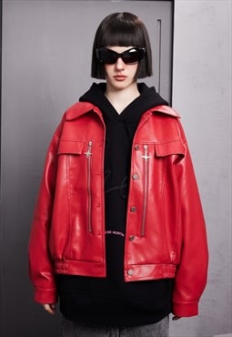 Red faux leather jacket utility PU bomber grunge bomber