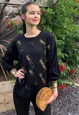  Balloon Sleeve Jumper with Gold Metallic Print and Ring