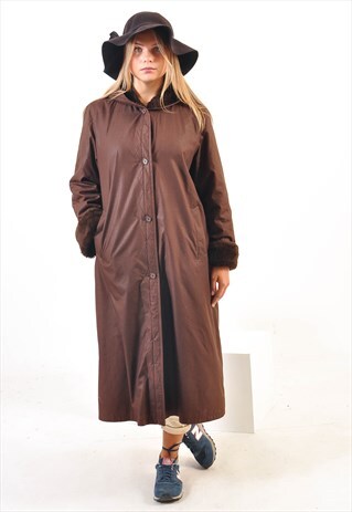 VINTAGE FAUX FUR MIDI HOODED COAT IN BROWN