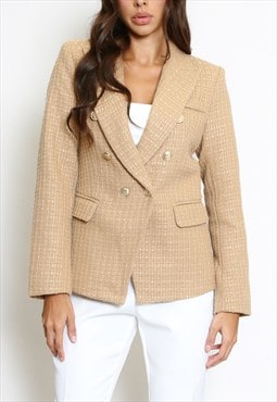 Golden Buttons Woven Double Breasted Blazer In Camel