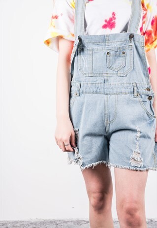 VINTAGE BLUE SHORT RIPPED DENIM DUNGAREES