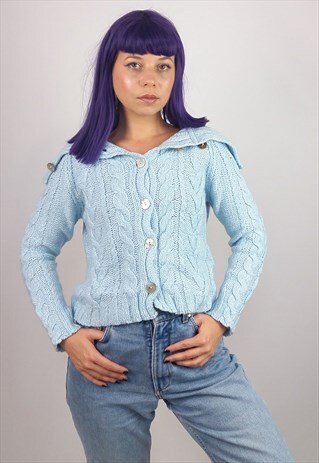 VINTAGE POWDER BLUE CABLE KNIT WOOL CARDIGAN HIGH NECK