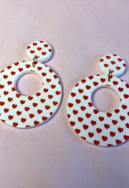 White & Red Heart Print Hoop Earrings