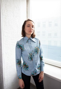 Vintage 70's Blue Flower Print Bohemian Shirt