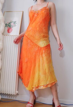 Vintage Y2K Orange Yellow Prom Midi Dress
