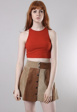 VINTAGE 90S BEIGE SUEDE PATCHWORK MINI BUTTON SKIRT