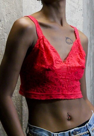 VINTAGE RED LACE SHEER BRALETTE CAMI CROP TOP 80S