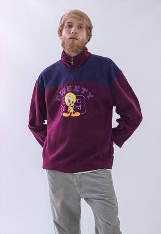 VINTAGE MENS DISNEY TWEETY HALF ZIP PULLOVER FLEECE JACKET
