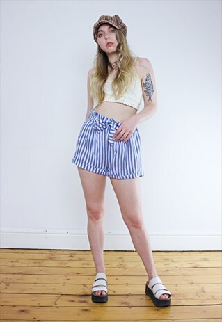 VINTAGE 90'S STRIPED BLUE PAPER BAG WAIST SHORTS