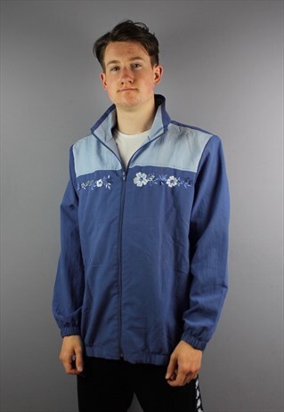 VINTAGE 90S NYLON WINDBREAKER IN BLUE WITH FLOWER EMBROIDERY