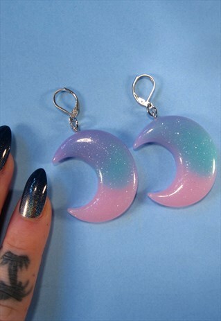 PASTEL GOTH GLITTER MOON KITSCH FESTIVAL EARRINGS