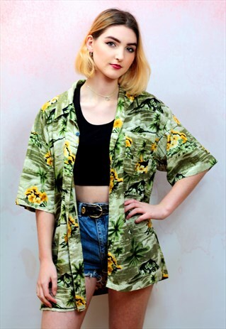 1990S VINTAGE GREEN AND YELLOW HAWAIIAN COTTON SHIRT