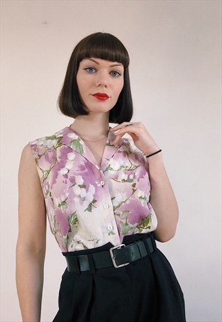 90S VINTAGE SLEEVELESS CUTE PURPLE FLORAL SHIRT BLOUSE