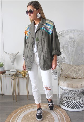 VINTAGE KHAKI JACKET MILITARY ETHNIC EMBROIDERY