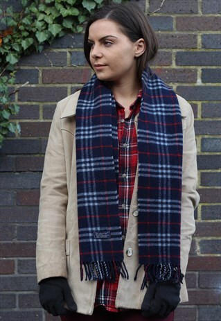 VINTAGE LAMBSWOOL CHECKED SCARF NAVY-AS129