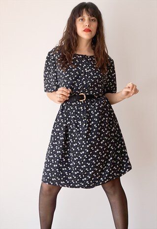 VINTAGE SHORT SLEEVE BLACK AND WHITE FLORAL ROMANTIC DRESS