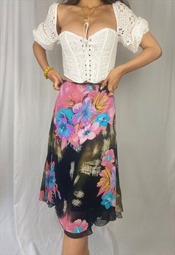 Vintage Y2K black multi floral overlay midi skirt. 