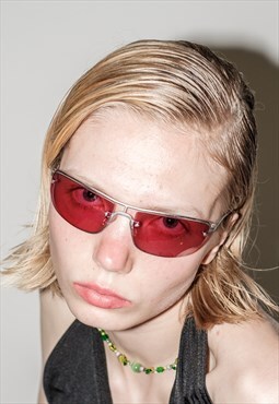 Vintage Y2K narrow pink lens sunglasses in silver frame