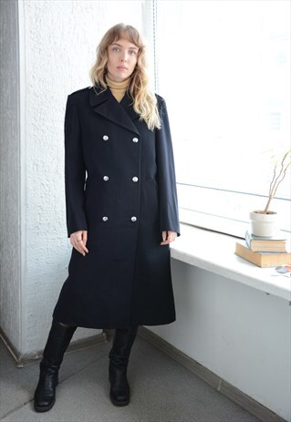 Vintage Black Pure Wool Double Breasted Coat