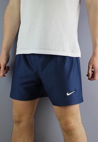 VINTAGE NIKE SHORTS IN NAVY WITH EMBROIDERED LOGO AND ELASTI