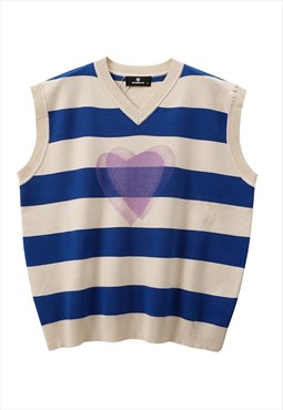Heart print sleeveless sweater stripe jumper preppy top blue