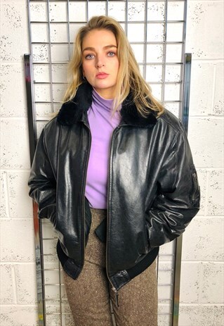 VINTAGE LEATHER AVIATOR PILOTS FLYING JACKET FAUX FUR COLLAR