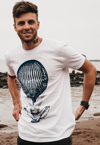 'WHALE AWAY' HAND PRINTED T-SHIRT IN WHITE