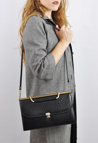 VINTAGE 1980'S BLACK PATENT MOCK CROC SHOULDER/CROSSBODY BAG