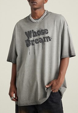 Grey Washed Slogan Heavy Oversized Cotton T shirt tee