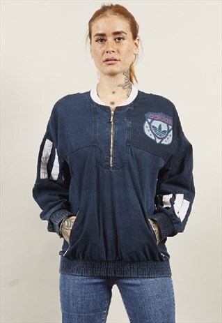 RARE VINTAGE 80'S ADIDAS ZIP BOMBER STYLE NAVY SWEATER
