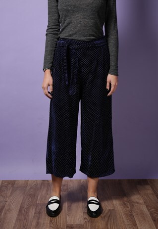 80S BLUE VELVET POLKA DOT CROPPED TROUSERS