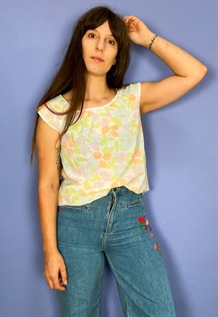 VINTAGE 70'S FLORAL PRINT LIGHTWEIGHT FLOATY TOP - S/M