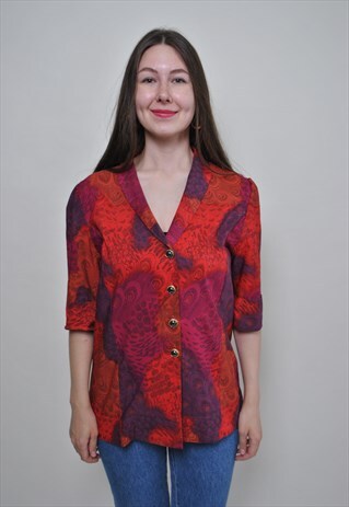 VINTAGE ABSTRACT BLOUSE, RED COLOR V-NECK BUTTON UP SHIRT