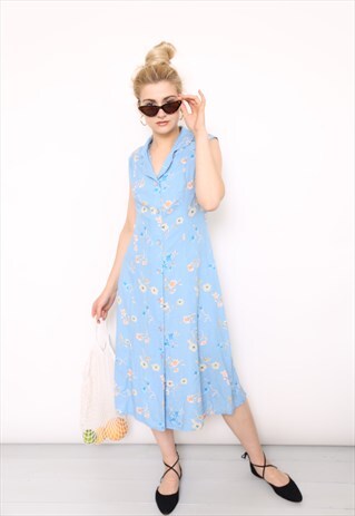 VINTAGE 90S BLUE FLORAL BUTTON THROUGH MIDI DRESS