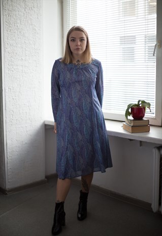 VINTAGE 80'S BLUE/PURPLE PAISLEY PRINT MIDI DRESS