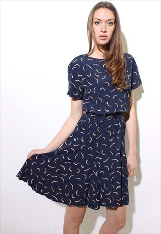 VINTAGE 80S NAVY BLUE PRINTED MIDI DRESS BUTTON POCKETS L-XL