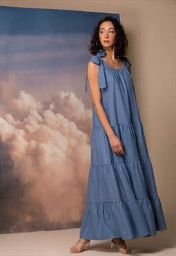 Blue Linen Maxi Dress, Boho Maxi Dress