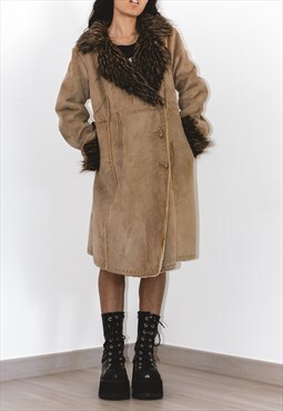 Vintage y2k afghan coat in Beige with Faux Fur