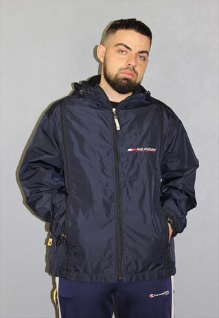 VINTAGE MENS TOMMY HILFIGER WINDBREAKER JACKET BLUE SIZE L