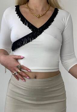 Early 00s white cropped 3/4 length sleeve top with tassels