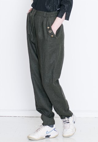 VINTAGE GREEN KHAKI HIGH WAIST RETRO BOTTOM TROUSERS