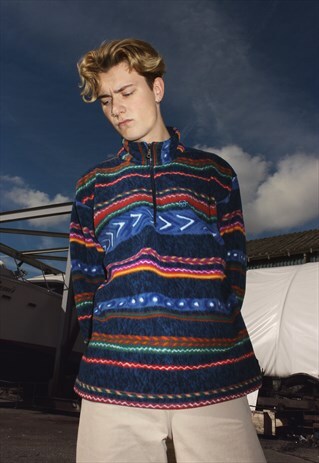 VINTAGE SERGIO TACCHINI BLUE AND MULTI COLOUR FLEECE JUMPER
